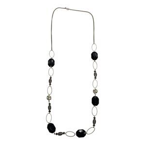 Vintage NRT Silver-Tone Chain Necklace With Black & Clear Beads 17-Inch Length
